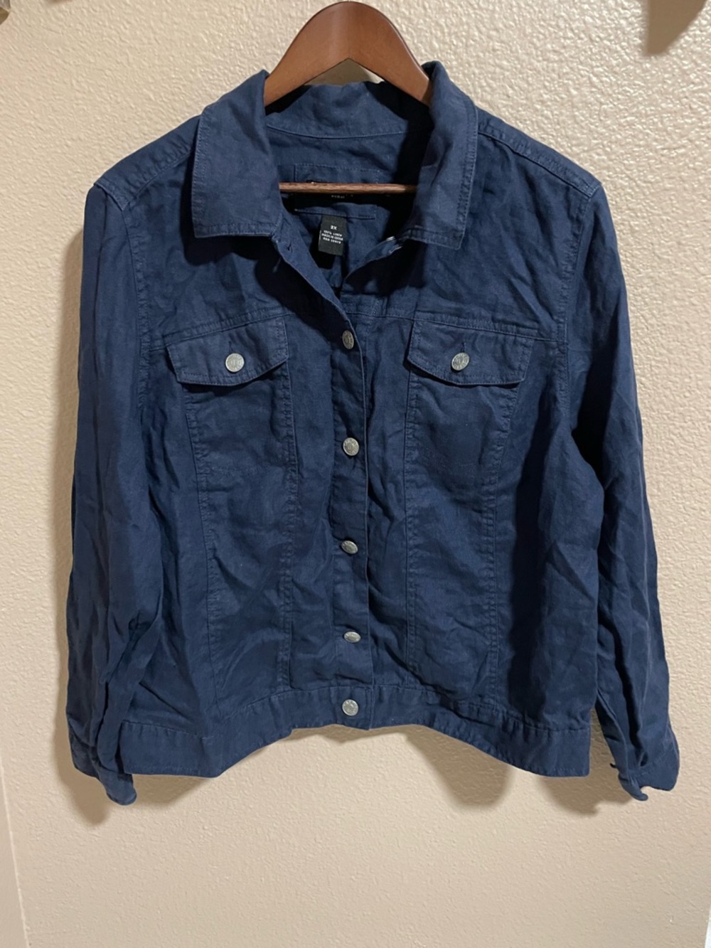 Carole Little Women's Navy Button-Front Linen Jacket Classic Trucker-Style